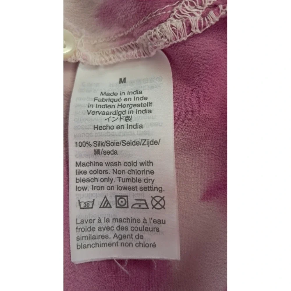 J. CREW‎ M Pink White Tie Dye Popover Blouse 100% Silk Long Sleeve Collared Boho
